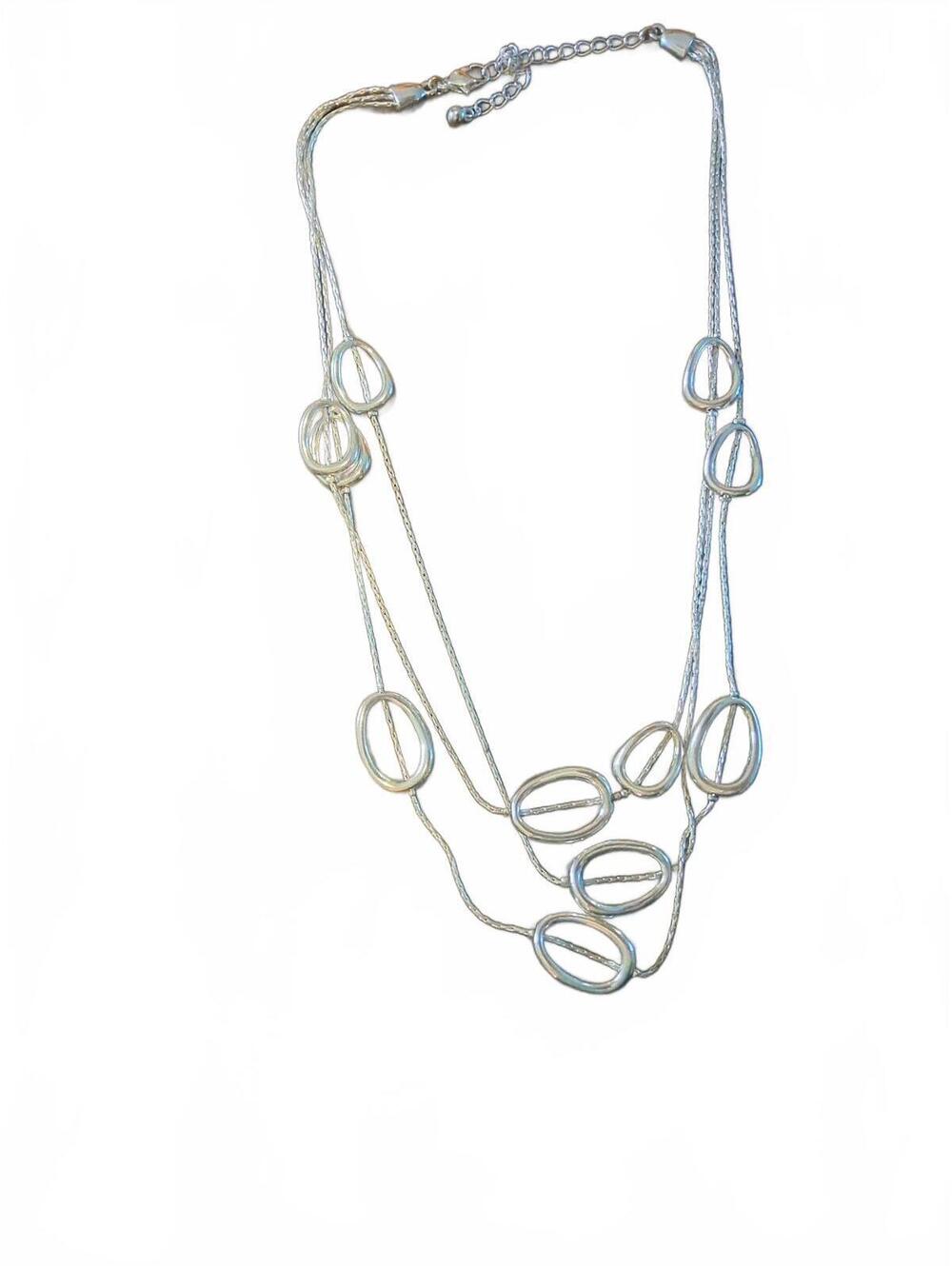 Silver Tone Multi Strand Necklace Open Oval Link Statement Necklace Adjustable
